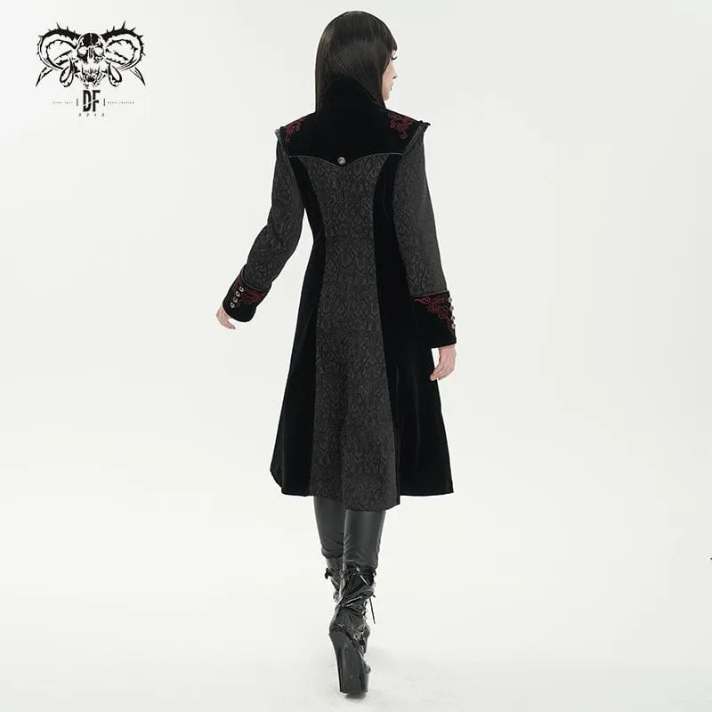 Damen Gothic Stehkragen Floral bestickter Mantel Schwarz