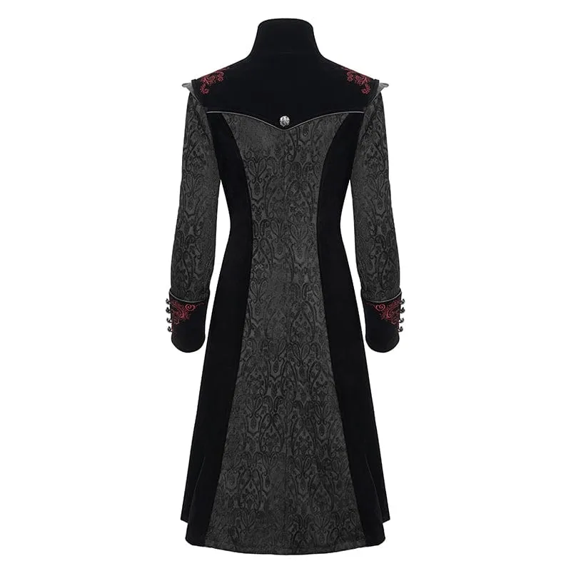 Damen Gothic Stehkragen Floral bestickter Mantel Schwarz