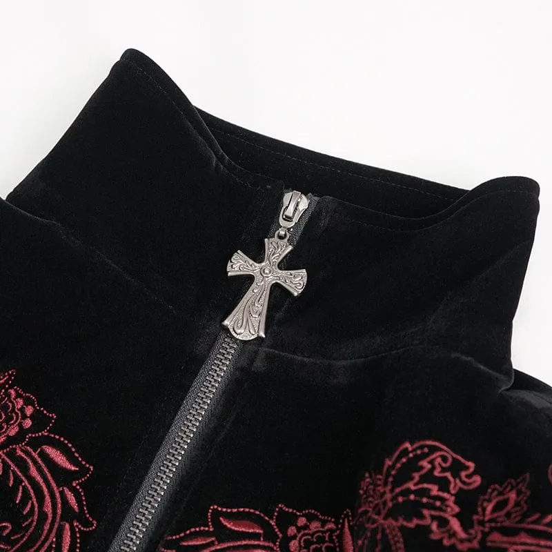 Damen Gothic Stehkragen Floral bestickter Mantel Schwarz