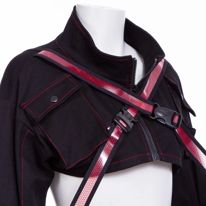 Damen Grunge Stehkragen Riemen Kurzjacke Rot