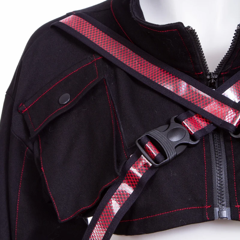 Damen Grunge Stehkragen Riemen Kurzjacke Rot