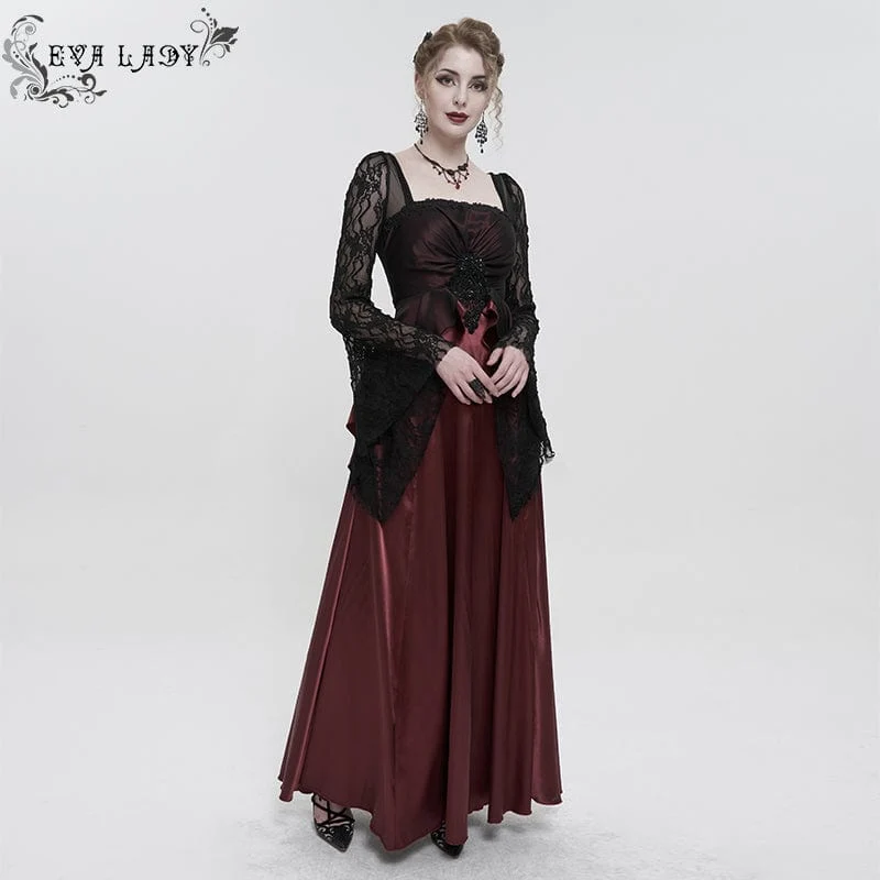 Damen-Brautkleid im Gothic-Stil mit Spitzenärmeln, mehrlagig, drapiert