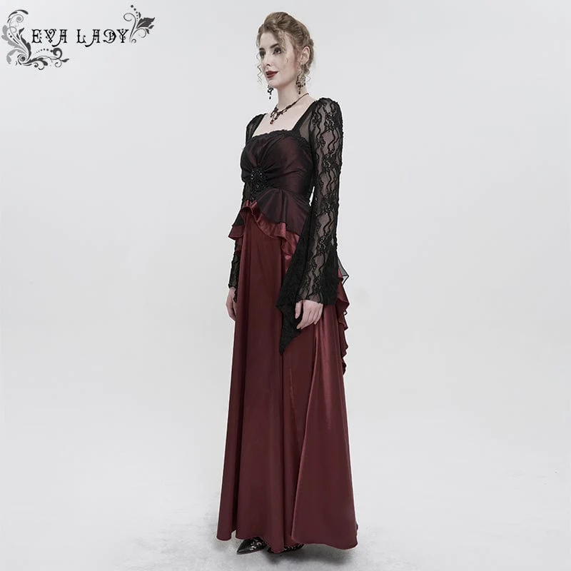 Damen-Brautkleid im Gothic-Stil mit Spitzenärmeln, mehrlagig, drapiert