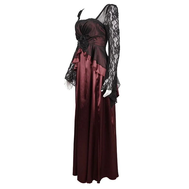 Damen-Brautkleid im Gothic-Stil mit Spitzenärmeln, mehrlagig, drapiert