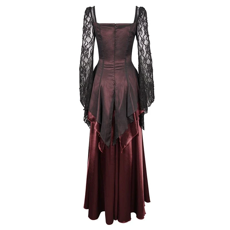 Damen-Brautkleid im Gothic-Stil mit Spitzenärmeln, mehrlagig, drapiert