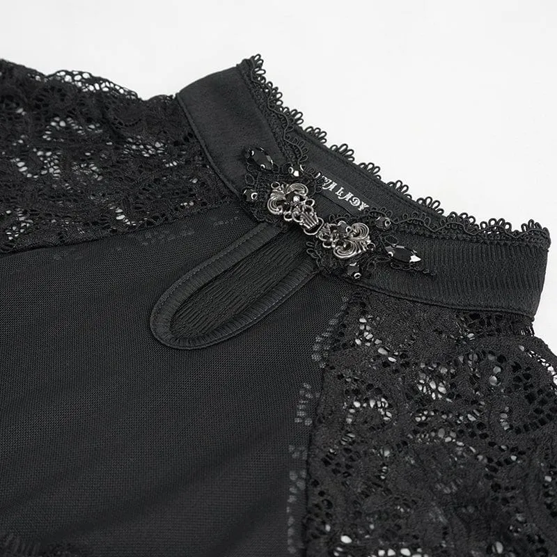 Gothic Cheongsam-Kragen-Spitzenspleiß-Rüschenhemd für Damen