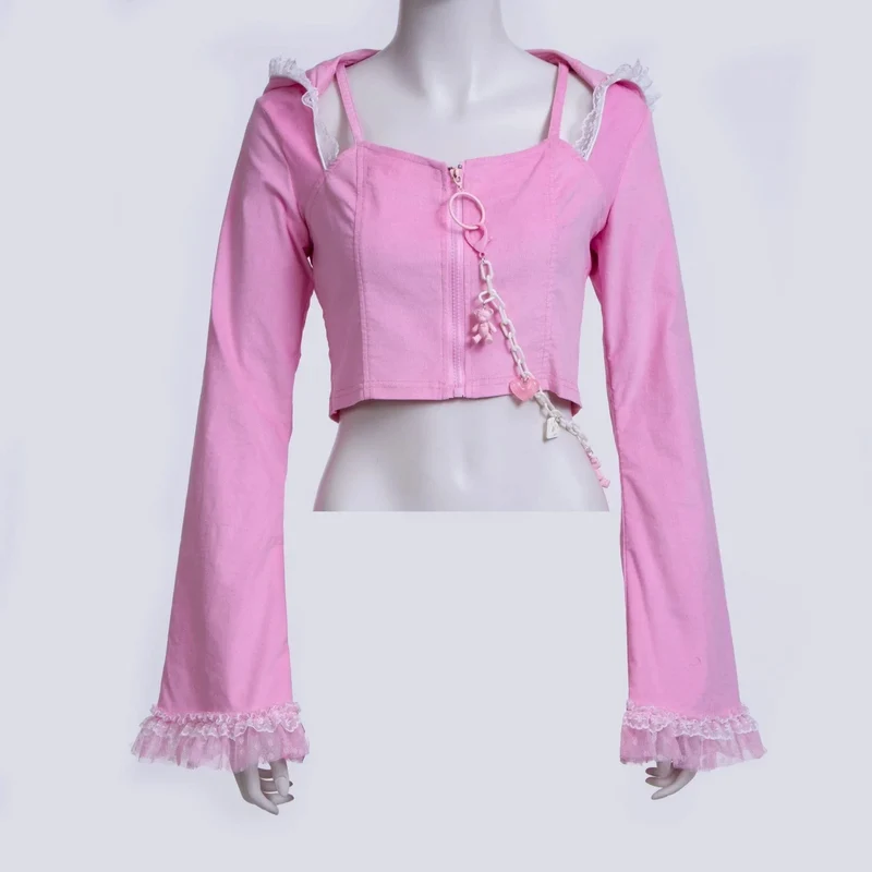 Damen Grunge Lace Splice Jacke mit Kapuze Pink