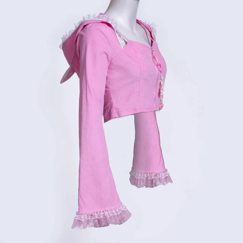 Damen Grunge Lace Splice Jacke mit Kapuze Pink
