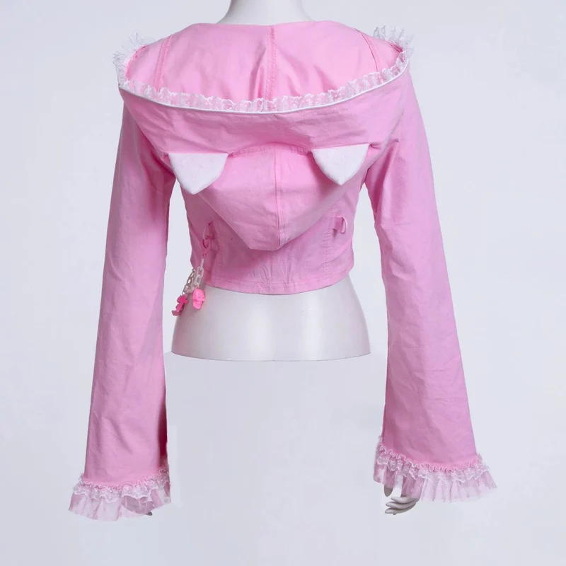 Damen Grunge Lace Splice Jacke mit Kapuze Pink