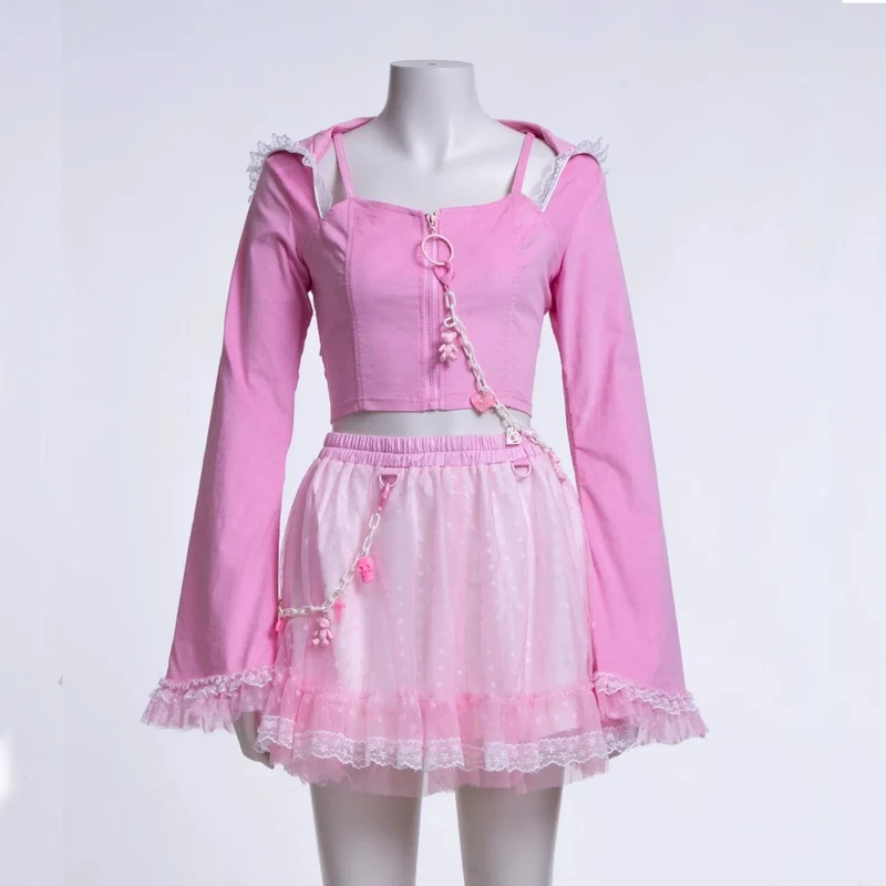 Damen Grunge Lace Splice Jacke mit Kapuze Pink