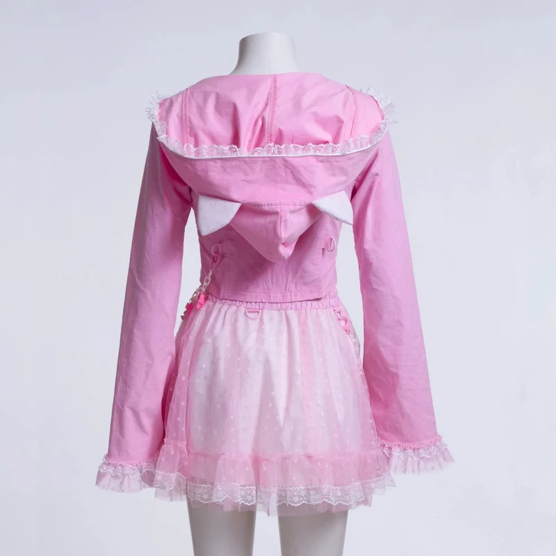 Damen Grunge Lace Splice Jacke mit Kapuze Pink