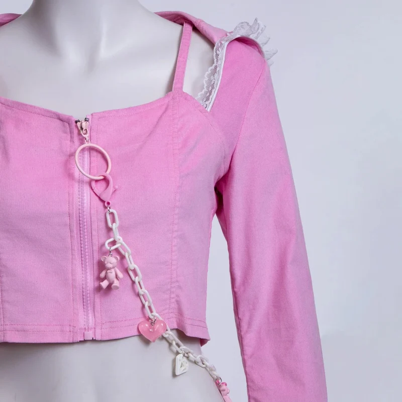 Damen Grunge Lace Splice Jacke mit Kapuze Pink