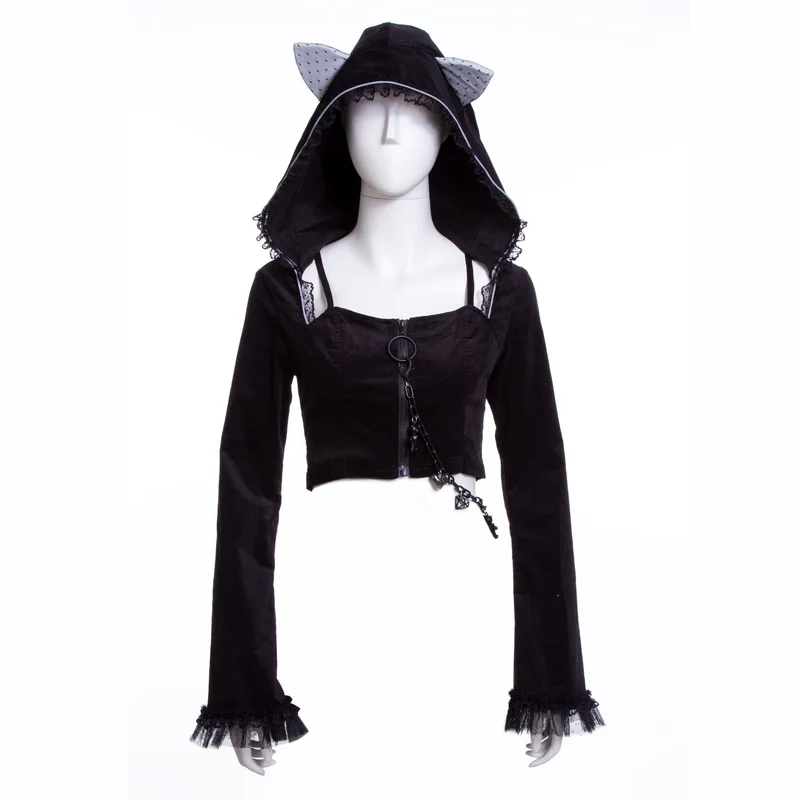 Damen Grunge Lace Splice Jacke mit Kapuze Schwarz