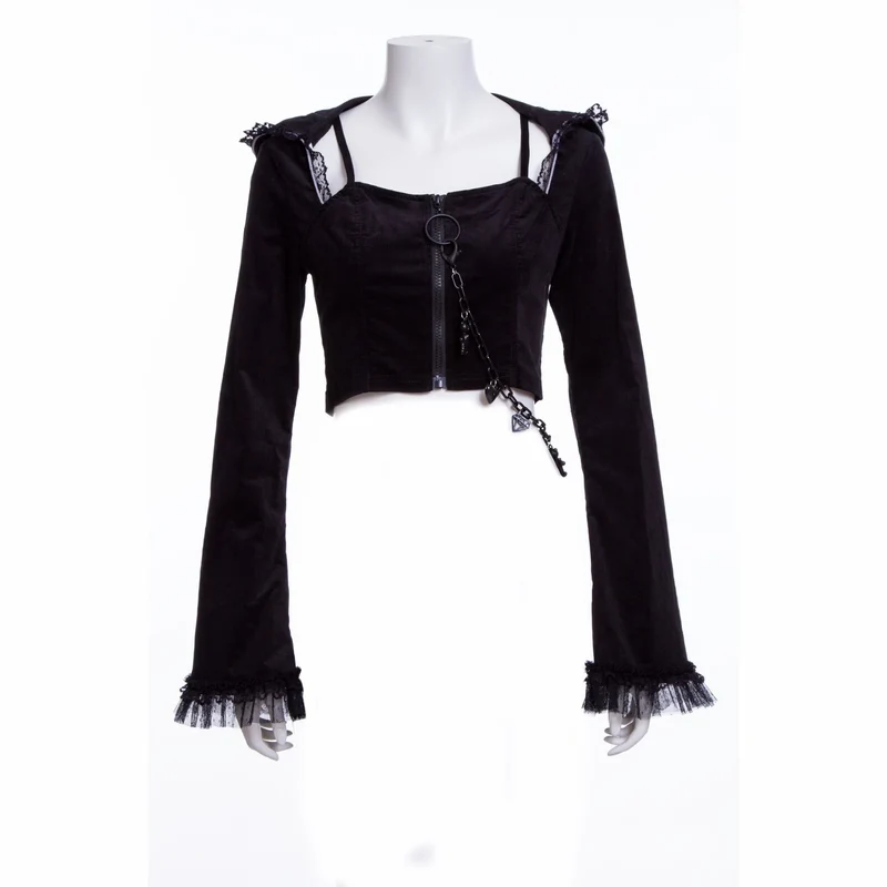 Damen Grunge Lace Splice Jacke mit Kapuze Schwarz
