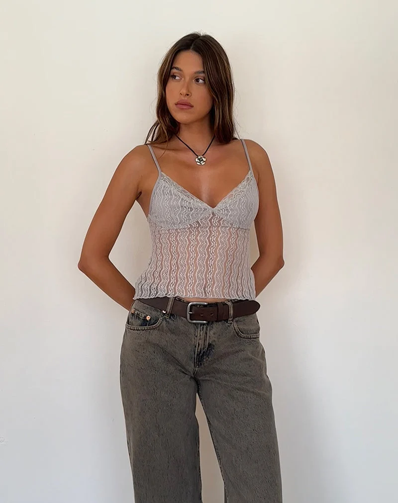 Megara Riemchen-Top aus silbergrauem Spitzen-Mesh