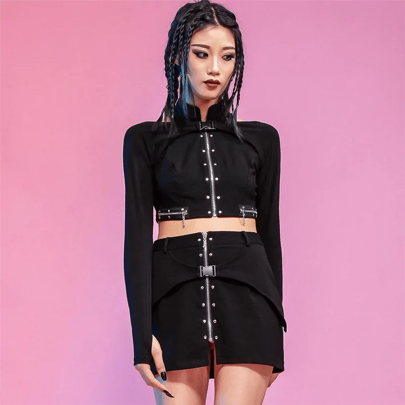 Damen Punk Stehkragen Reißverschluss Bustier