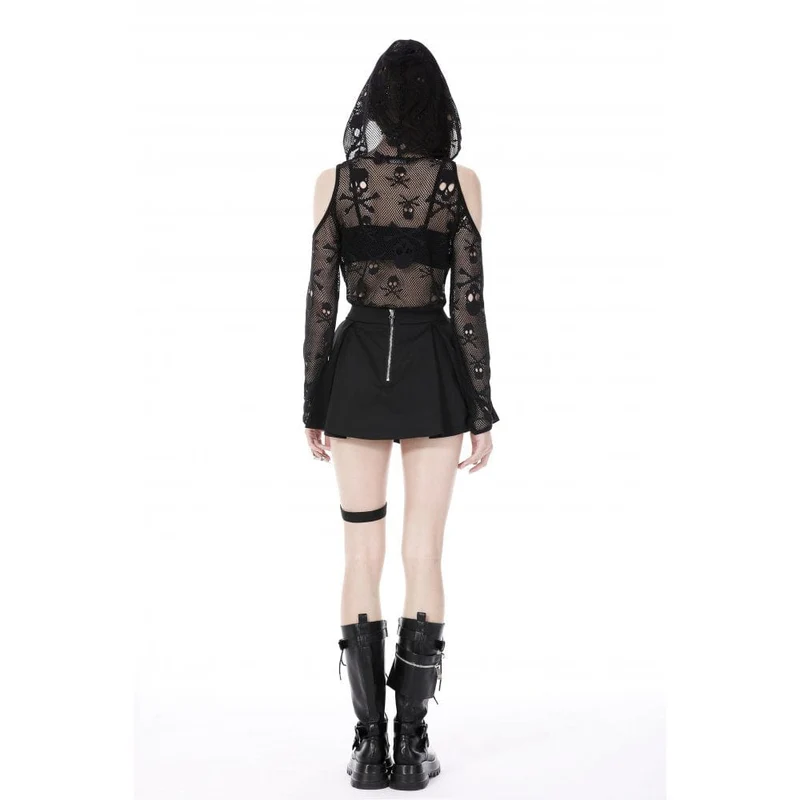 Damen Punk Off Shoulder Skull Mesh Shirt mit Kapuze
