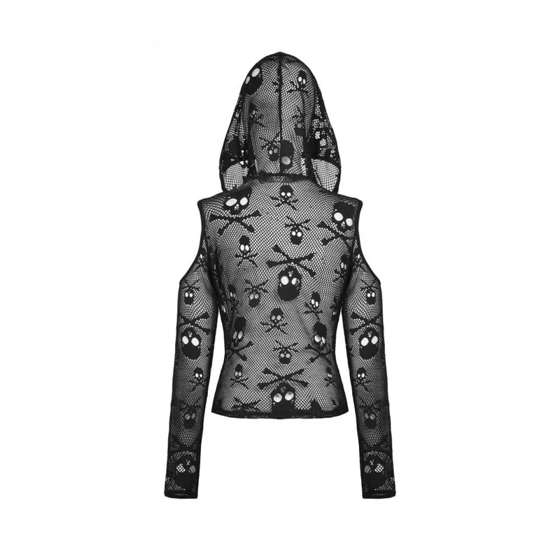Damen Punk Off Shoulder Skull Mesh Shirt mit Kapuze