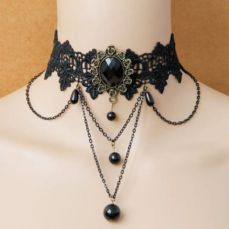Gothic Bead Lace Choker für Damen mit Kette