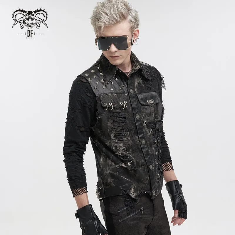 Gothic Mesh Splice Rivet Distressed Weste für Herren