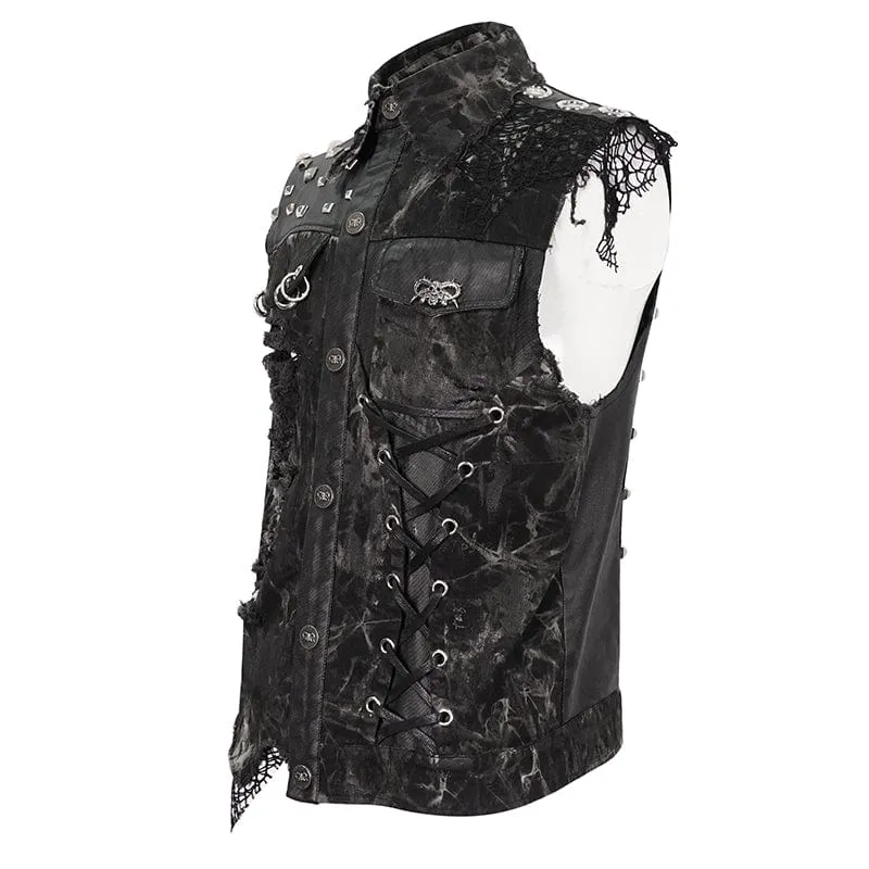 Gothic Mesh Splice Rivet Distressed Weste für Herren