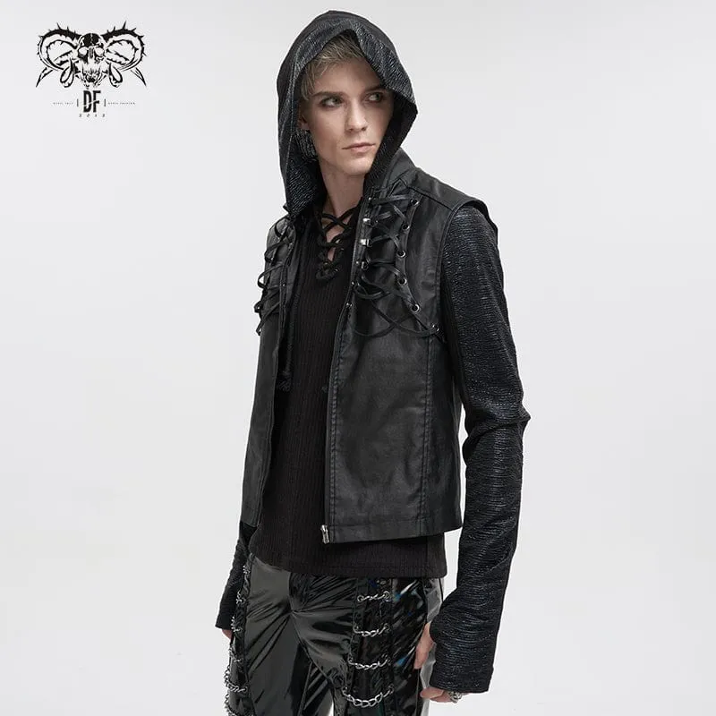 Herren Gothic Riemchen Stehkragen Kunstleder Weste