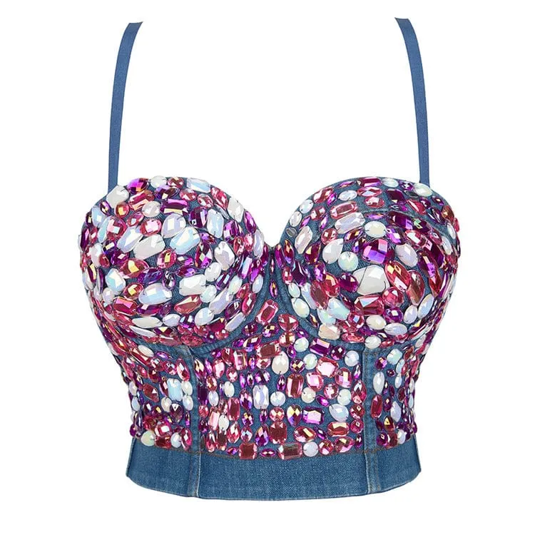 Gothic-Denim-Bustier mit Kristalldruck für Damen