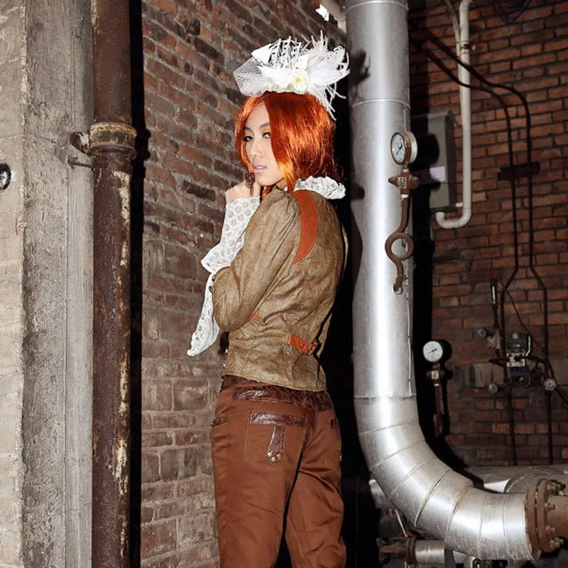 Steampunk getöntes Damenhemd mit Hornärmeln und Reißverschluss