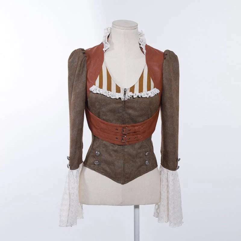 Steampunk getöntes Damenhemd mit Hornärmeln und Reißverschluss