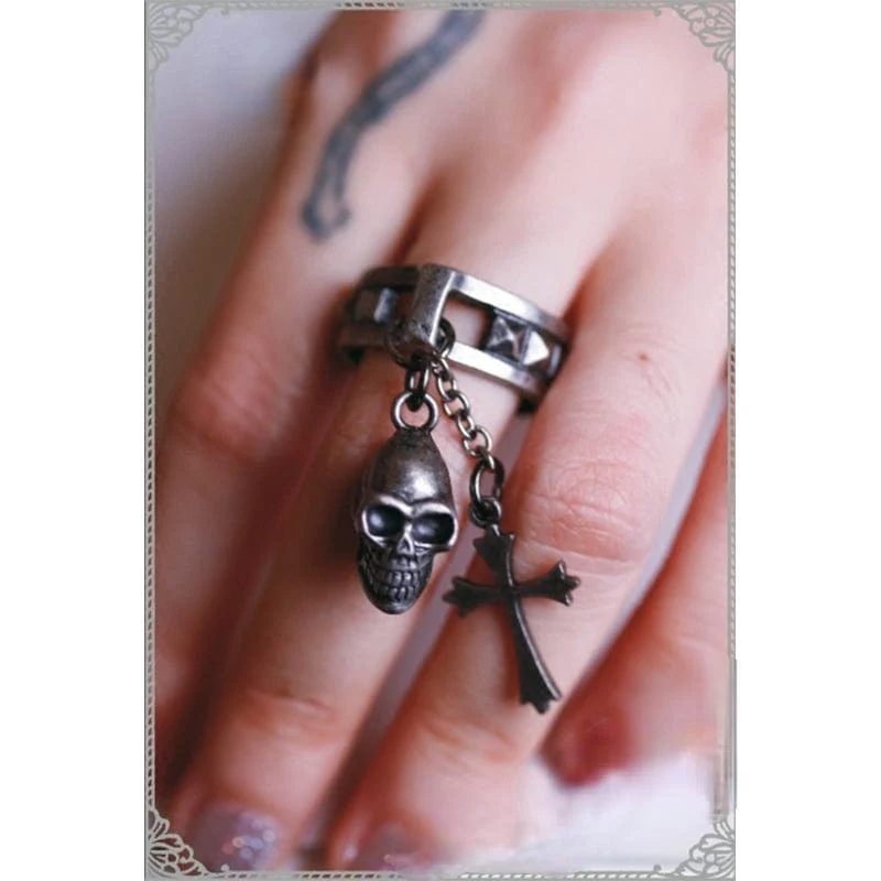 Damen Steampunk Nieten Ring mit Totenkopf und Kreuz