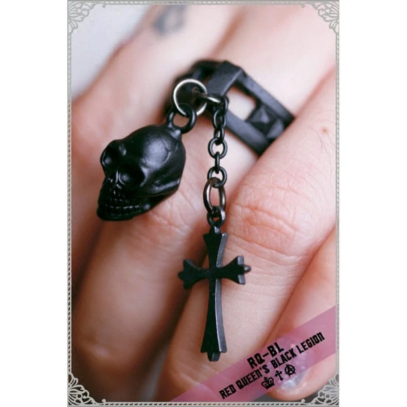 Damen Steampunk Nieten Ring mit Totenkopf und Kreuz