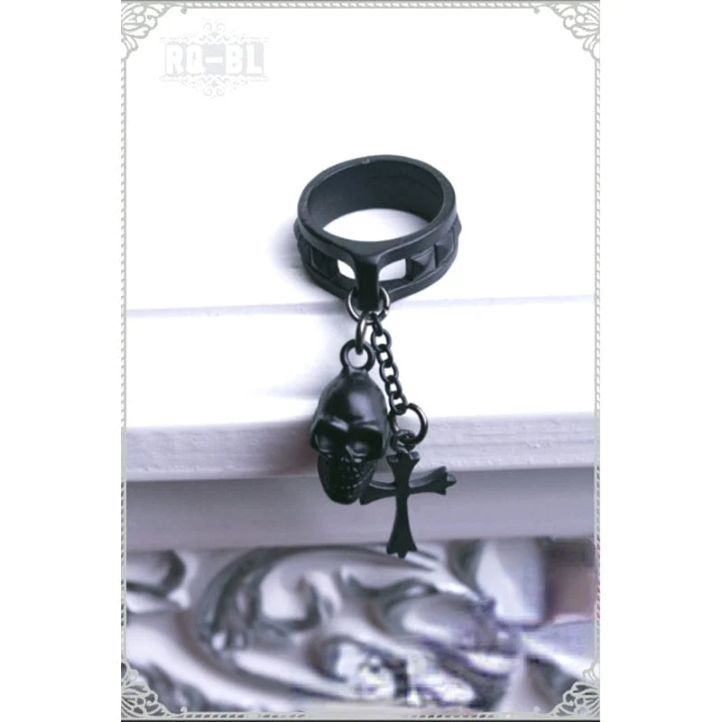 Damen Steampunk Nieten Ring mit Totenkopf und Kreuz