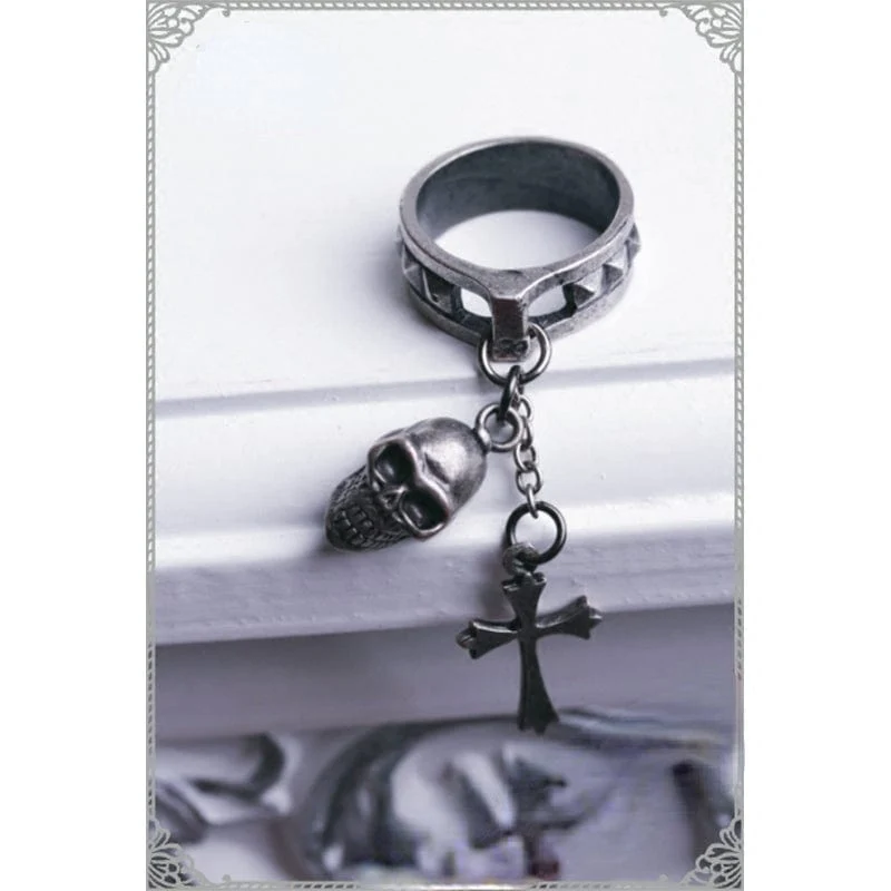 Damen Steampunk Nieten Ring mit Totenkopf und Kreuz