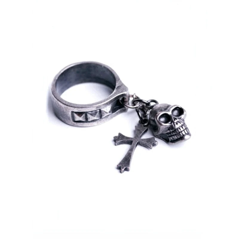 Damen Steampunk Nieten Ring mit Totenkopf und Kreuz