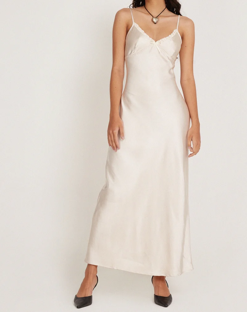 Padil Midikleid aus Satin mit Perlen in Elfenbein