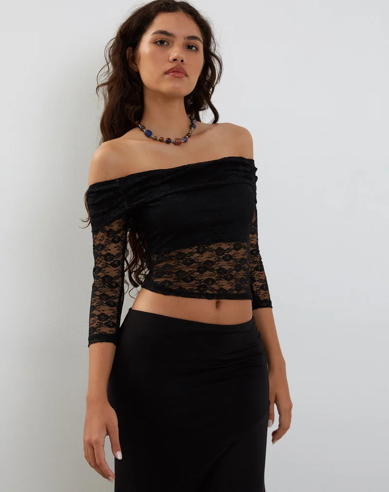 Nixie Langärmeliges Bardot-Top aus Spitze Schwarz