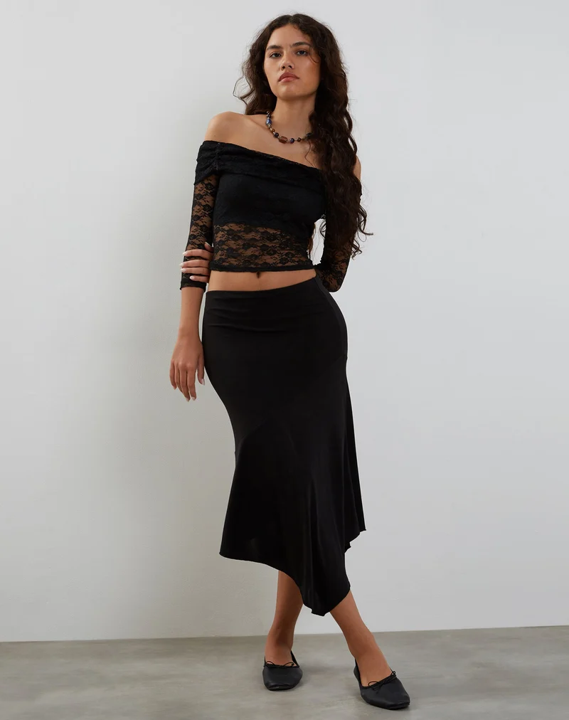 Nixie Langärmeliges Bardot-Top aus Spitze Schwarz