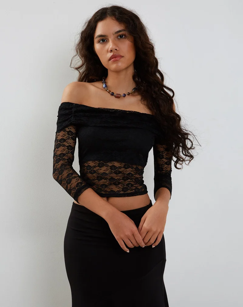 Nixie Langärmeliges Bardot-Top aus Spitze Schwarz