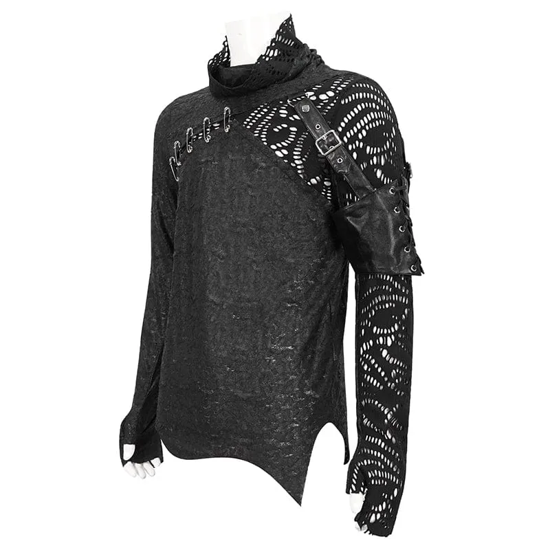 Herren Gothic Rollkragen Mesh Splice Unregelmäßiges Hemd