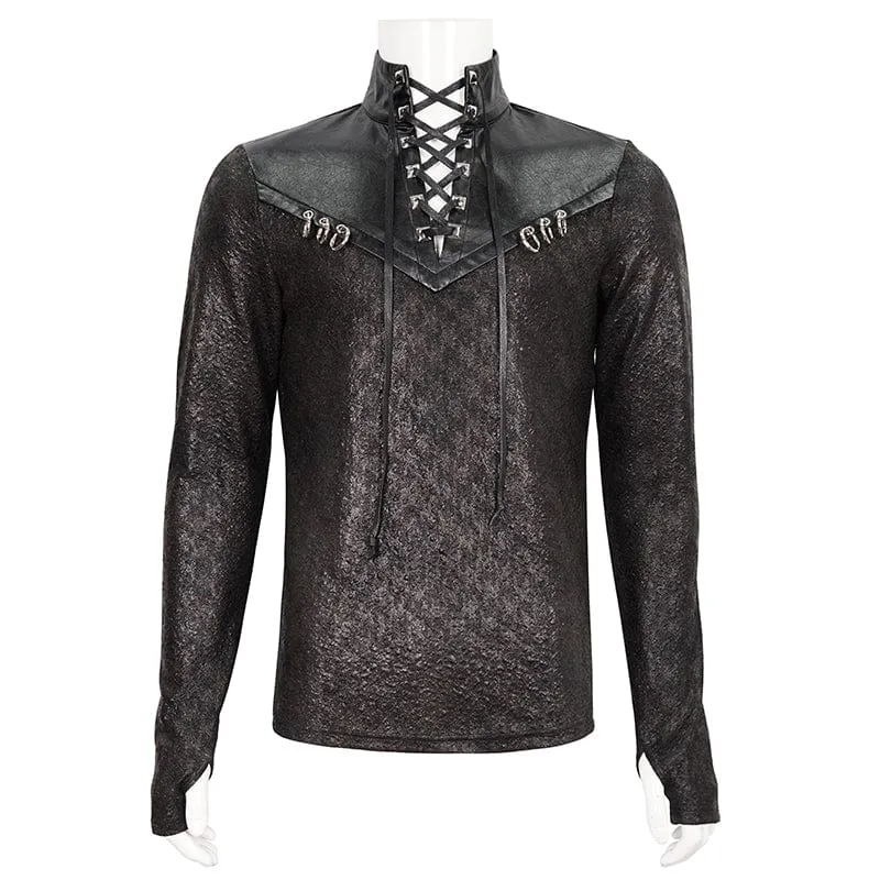Herren Gothic Riemchen Stehkragen Kunstleder Spleißhemd