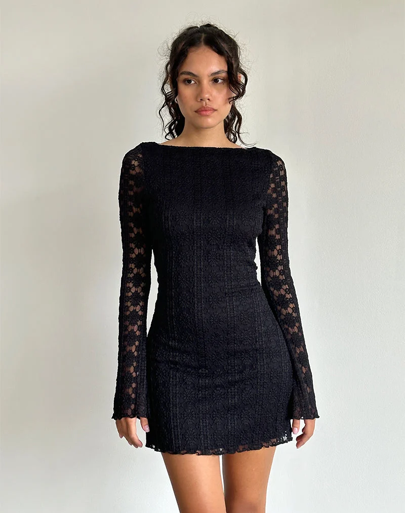 Sevila Langärmeliges Minikleid aus königlicher Spitze Schwarz