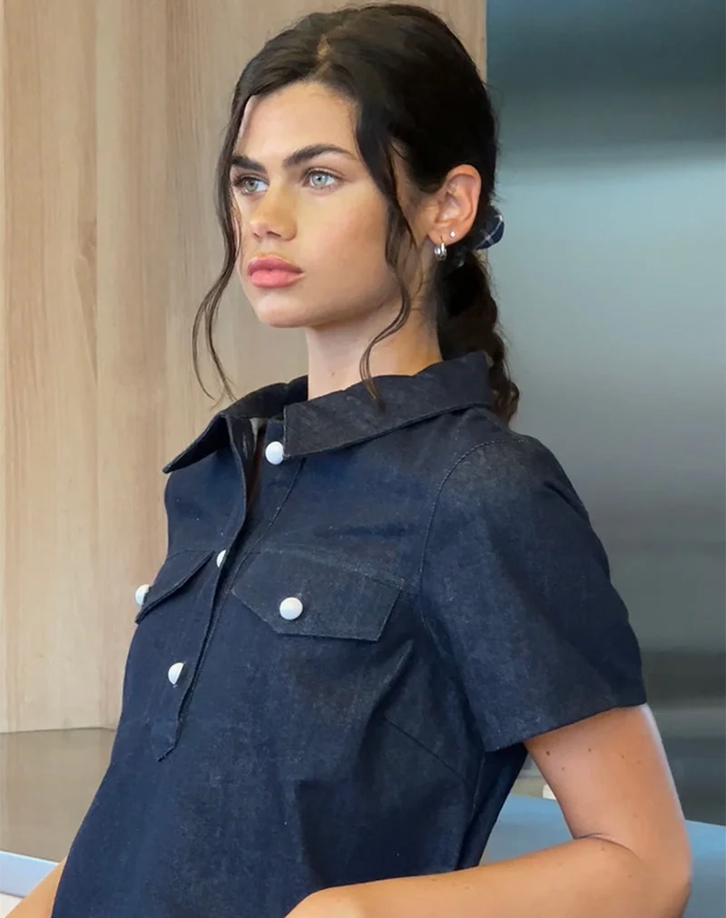 Reiga Smock Minikleid aus Denim Indigo