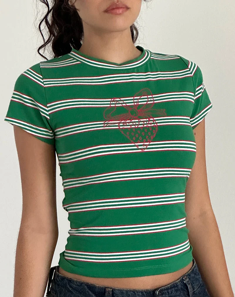Glenda Jersey Tee in Grün und Weiß gestreift mit Erdbeermotiv