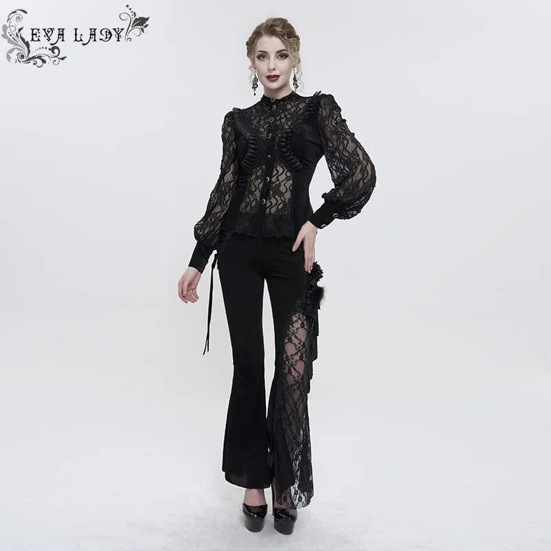 Damen Gothic Puffärmel Rüschen Spitzenhemd