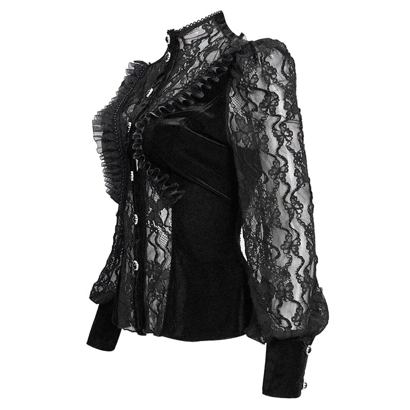 Damen Gothic Puffärmel Rüschen Spitzenhemd