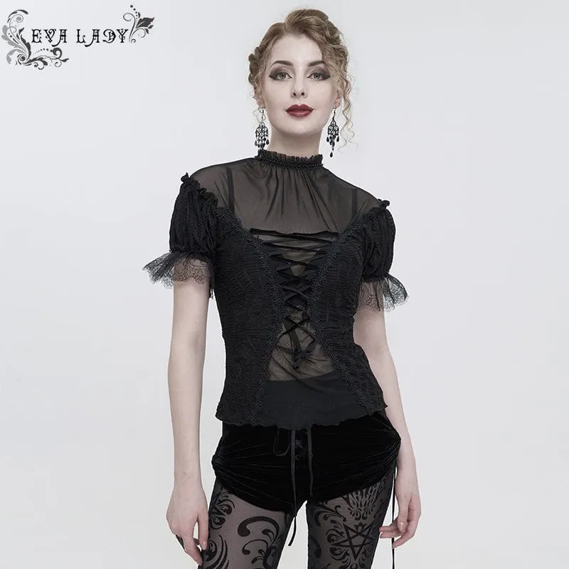 Damen Gothic Riemchen Mesh Splice Perlenhemd