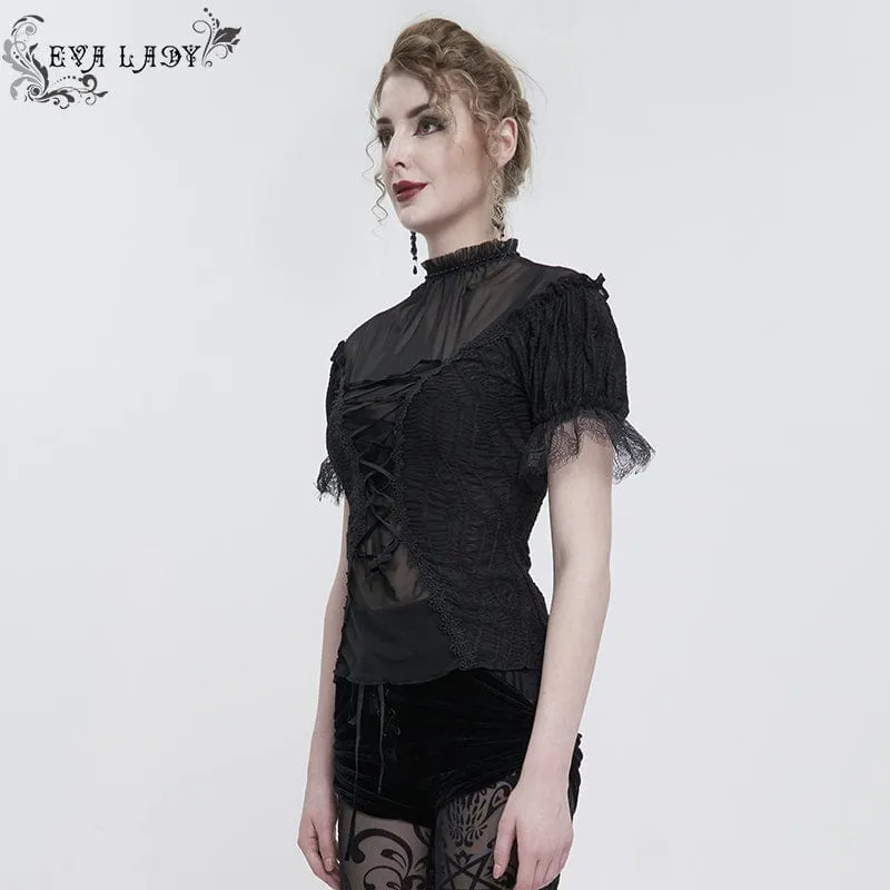 Damen Gothic Riemchen Mesh Splice Perlenhemd