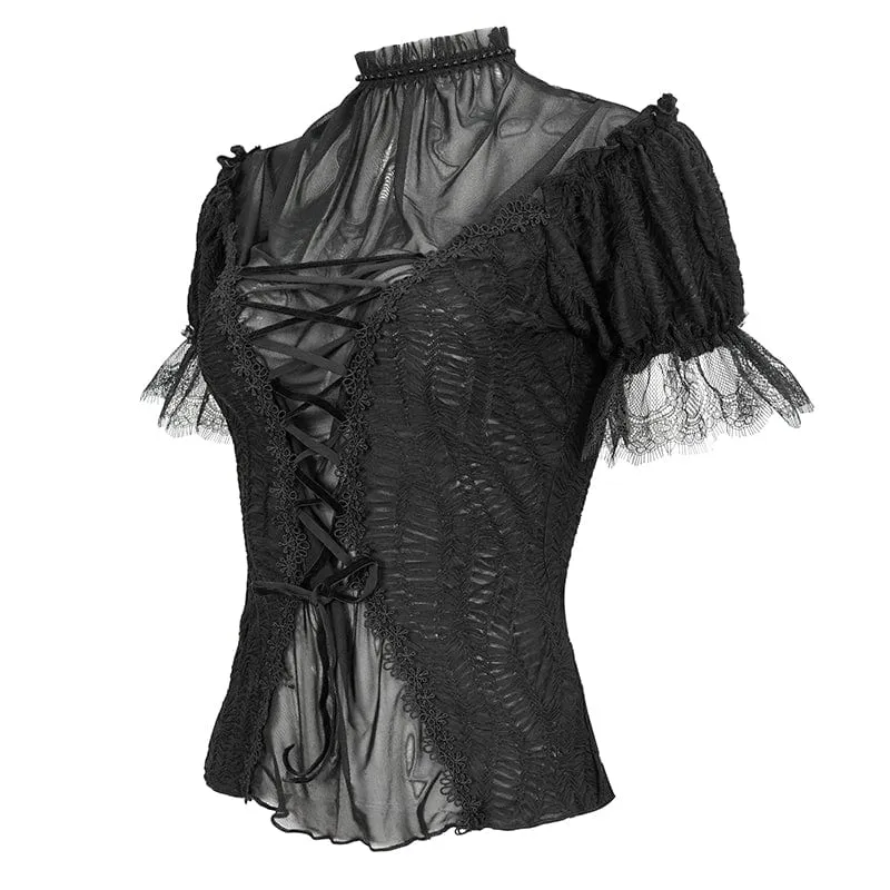 Damen Gothic Riemchen Mesh Splice Perlenhemd