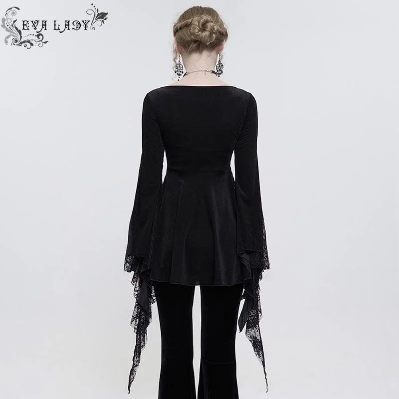 Damen Gothic Flared Sleeved Lace Splice Perlenhemd