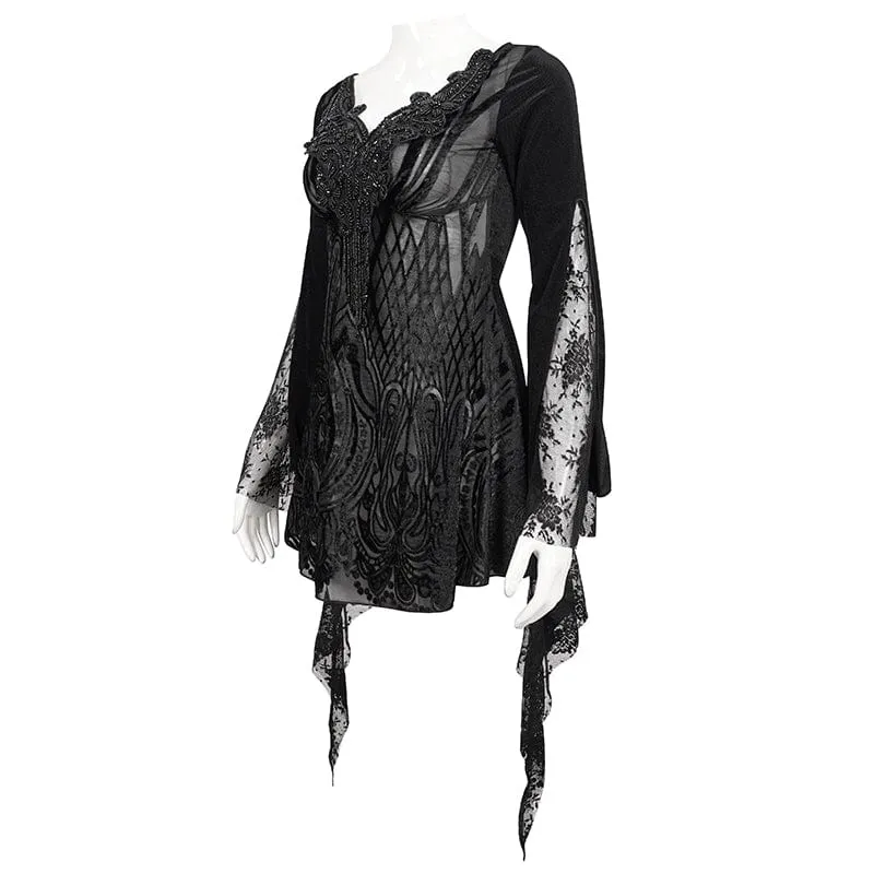Damen Gothic Flared Sleeved Lace Splice Perlenhemd